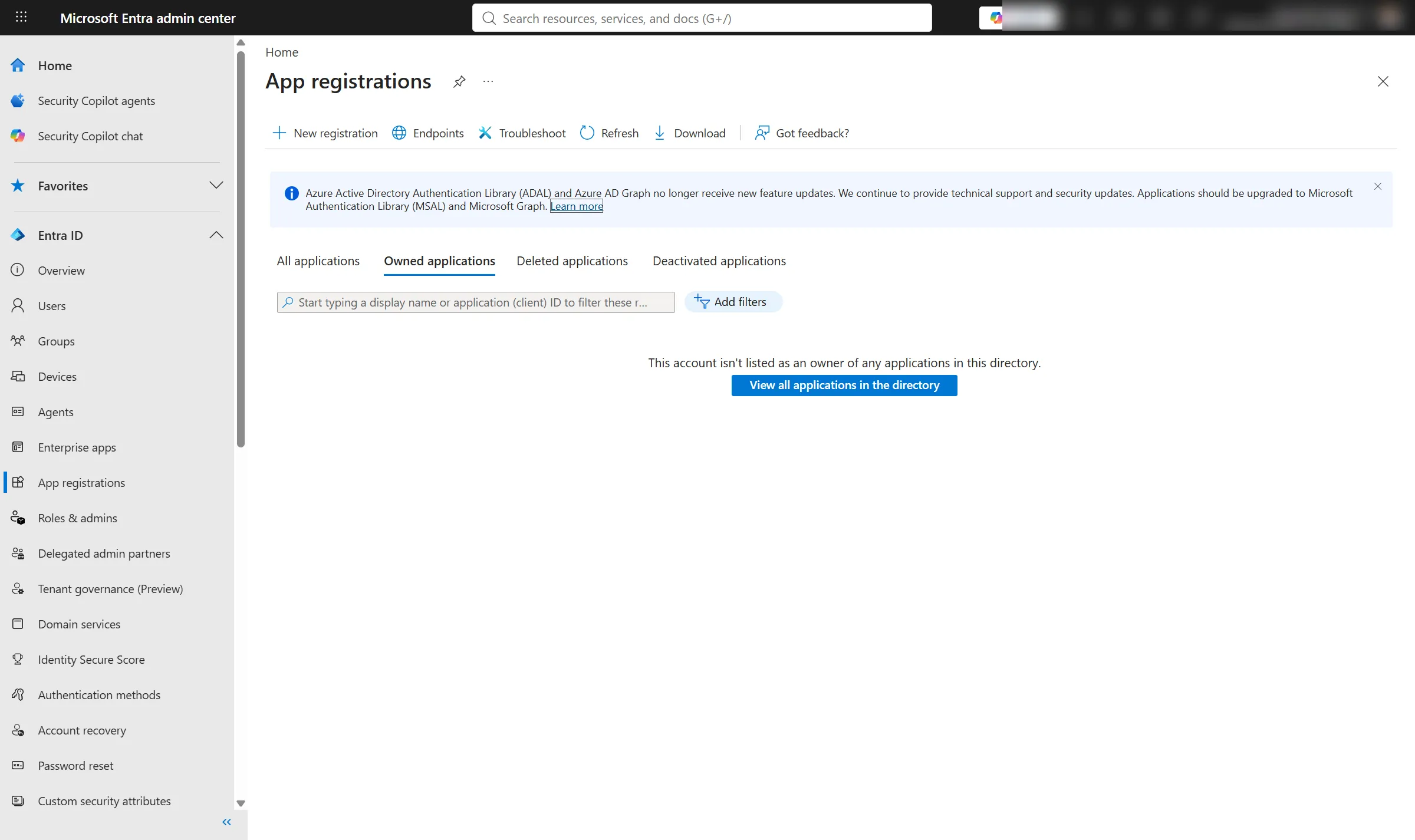 App registrations blade in the Microsoft Entra admin center. The left navigation shows Entra ID expanded, with App registrations selected below Enterprise apps. New registration is the first action above the list.