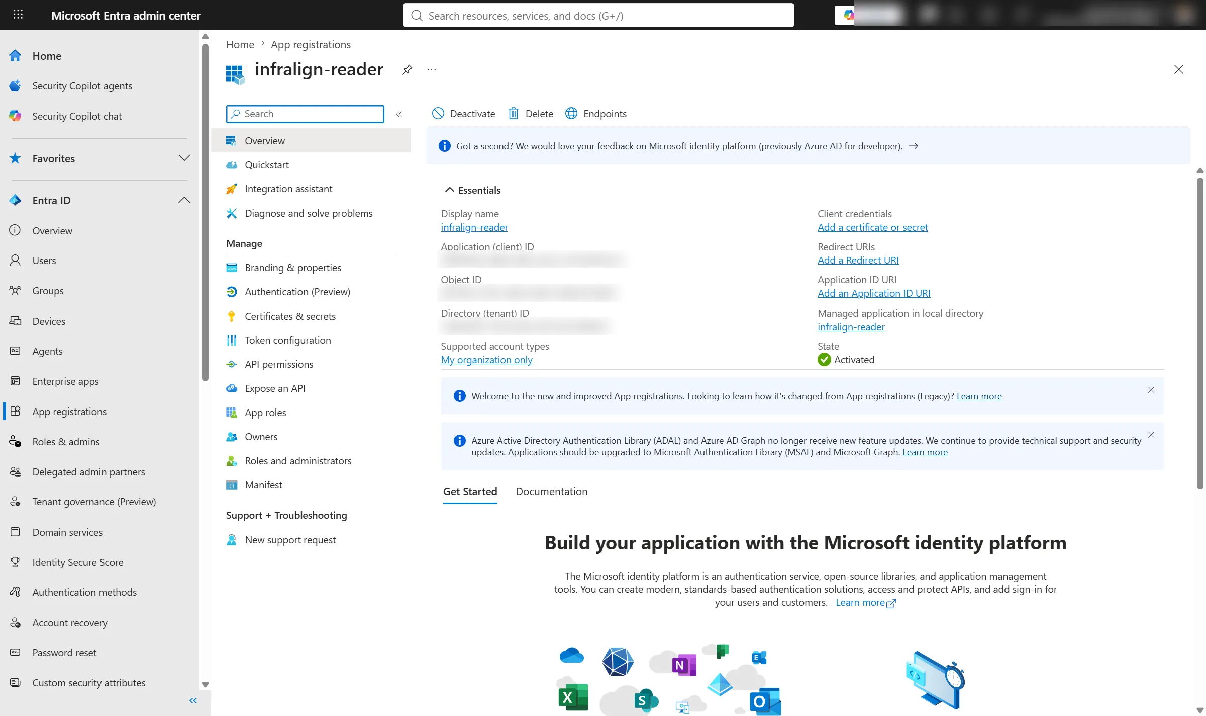 The Overview screen for the infralign-reader app registration. The Essentials panel lists, in its left column, Display name, Application (client) ID, Object ID, Directory (tenant) ID and Supported account types; the right column holds Client credentials, Redirect URIs, Application ID URI and a State of Activated. The three identifier values are blurred.