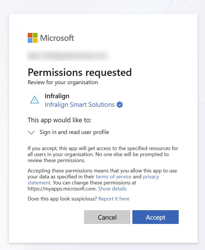 Microsoft's Permissions requested dialog for the Infralign app. Under the Microsoft logo and the signed-in admin's blurred address, the heading reads Permissions requested, review for your organisation. The app name Infralign sits beside the Infralign triangle mark, over a publisher line reading Infralign Smart Solutions with a blue verified badge. The dialog asks to sign in and read user profile, states that acceptance applies for all users in the organisation, links to the terms of service and privacy statement, and offers Cancel and Accept buttons.