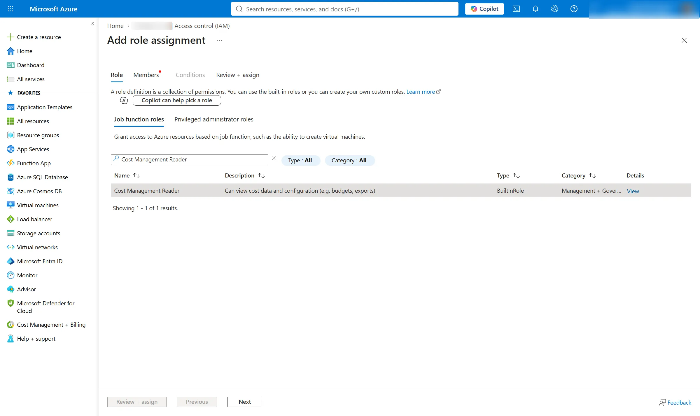 The Add role assignment screen on its Role tab. The search box contains Cost Management Reader, and the single result row, Cost Management Reader, a built-in role in the Management and Governance category, is selected.