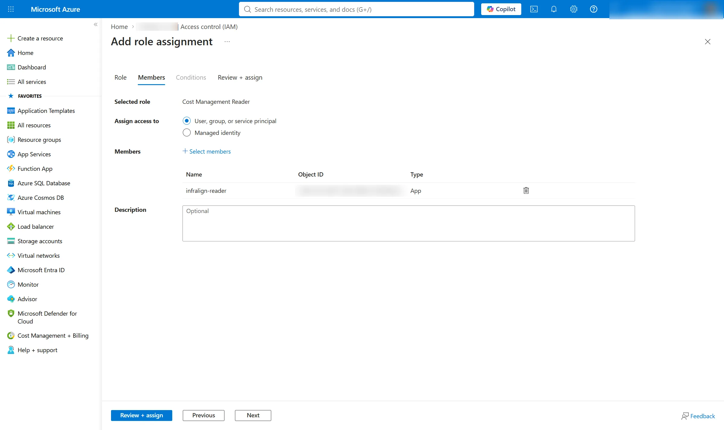 The Members tab of Add role assignment. Selected role reads Cost Management Reader, Assign access to is set to User, group, or service principal, and the members list holds one row: infralign-reader, type App. Its object ID is blurred.