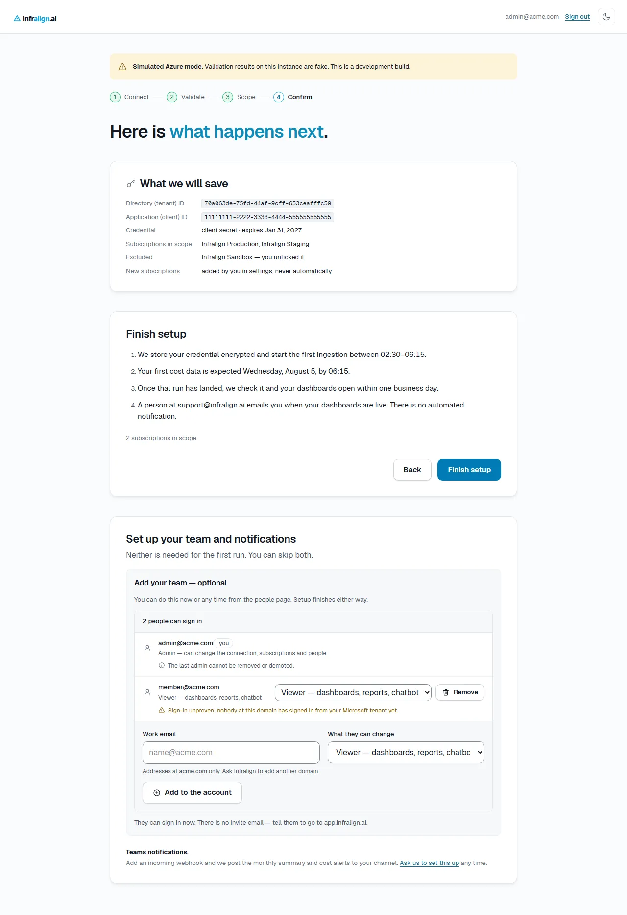 The Confirm step, headed "Here is what happens next". A "What we will save" card lists the tenant and client IDs, the credential type with its expiry, the subscriptions in scope, the one subscription excluded and who unticked it, and a line saying new subscriptions are added by you in settings and never automatically. A "Finish setup" card lists four numbered outcomes: the credential is stored encrypted and the first ingestion starts between 02:30 and 06:15, the first cost data is expected on a named date, Infralign checks that run and opens the dashboards once it has landed, and a person confirms by email from support@infralign.ai with no automated notification. Back and Finish setup buttons sit below. A third card offers two optional extras: adding team members, and a Teams webhook.