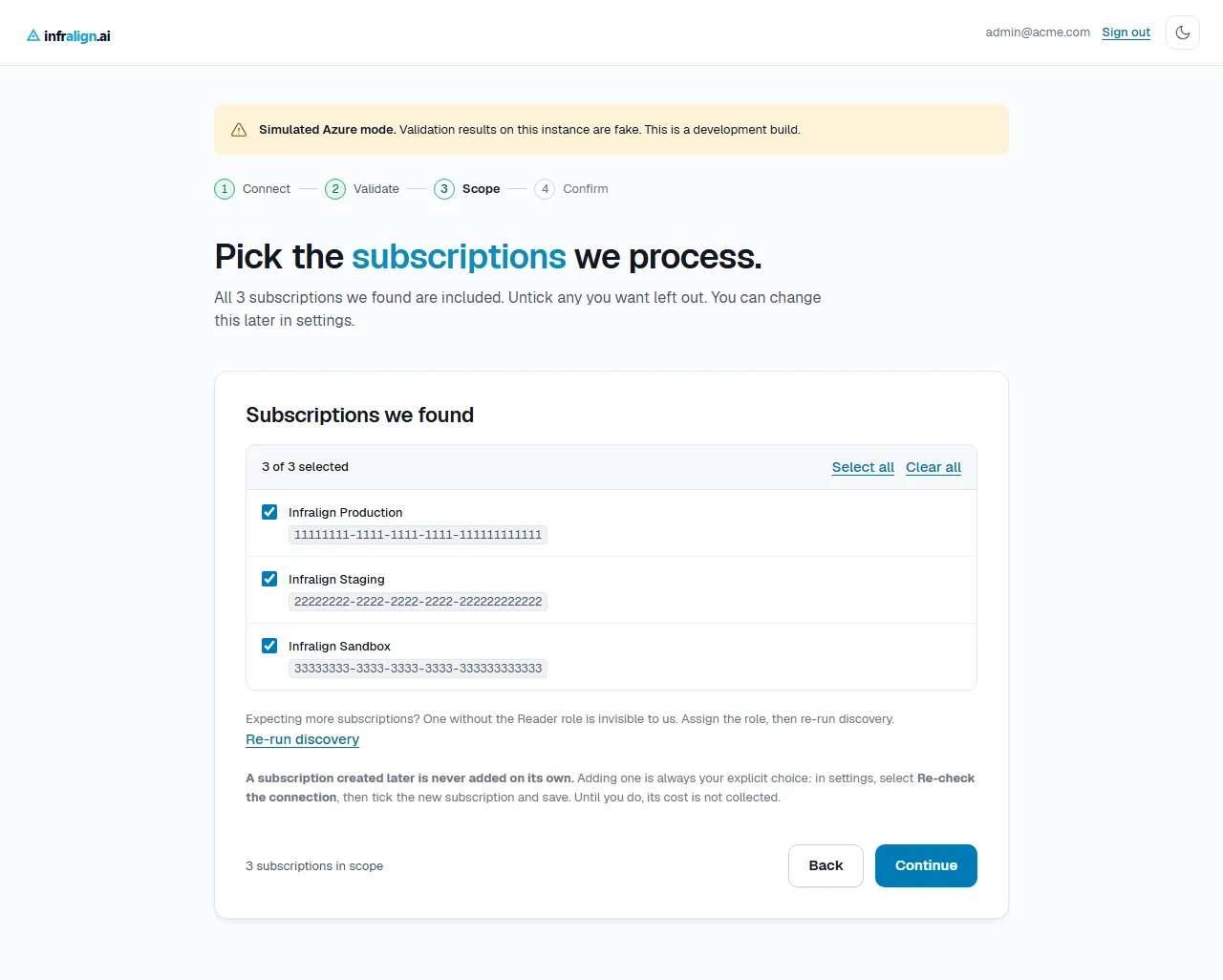 The Scope step. A list of three discovered subscriptions, each ticked, each showing its name and subscription ID. Above the list, a count reads three of three selected. Below it, a note in bold: a subscription created later is never added on its own.